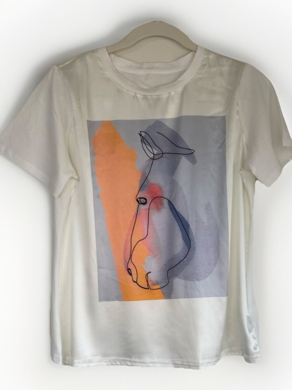 Women Teen  White T-Shirt Modern Art Horse size L teen